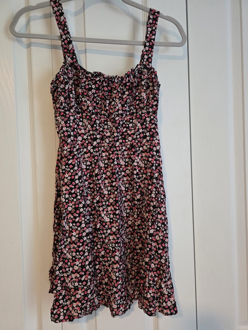 Smocked Floral Mini Dress in Black with Pink Flowers Junior